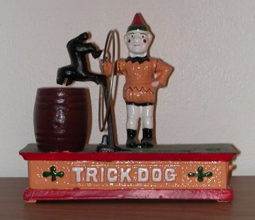 trick dog cast iron bank